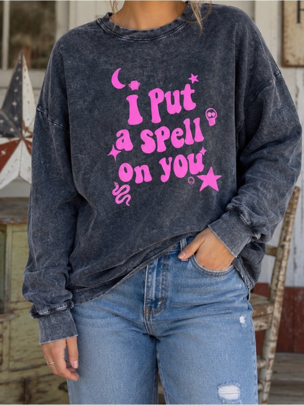 Graphic Long Sleeve Tee - Charcoal with Hot Pink Print